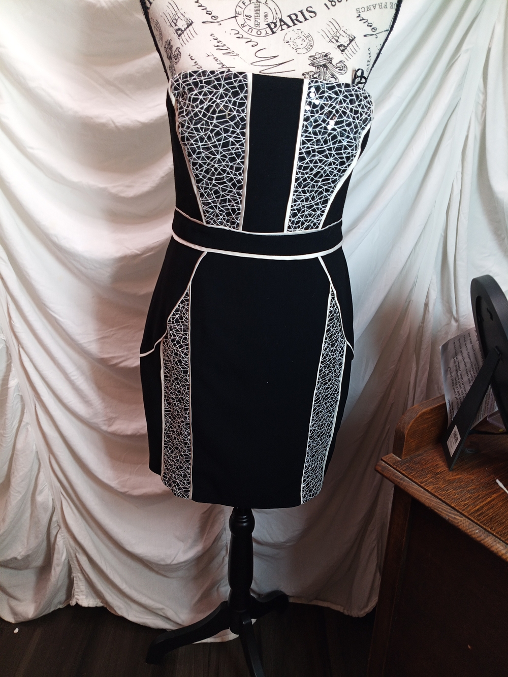 Max & Cleo Black Strapless Dress with White Lace-Effect Insets